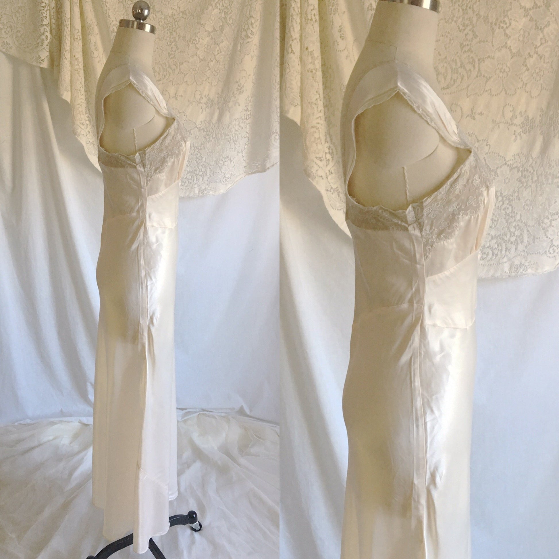 Vintage 1940's Nightgown | Buttercream White Rayon Satin with Embroidered Chiffon | Size S, MED - Daggers & Dames