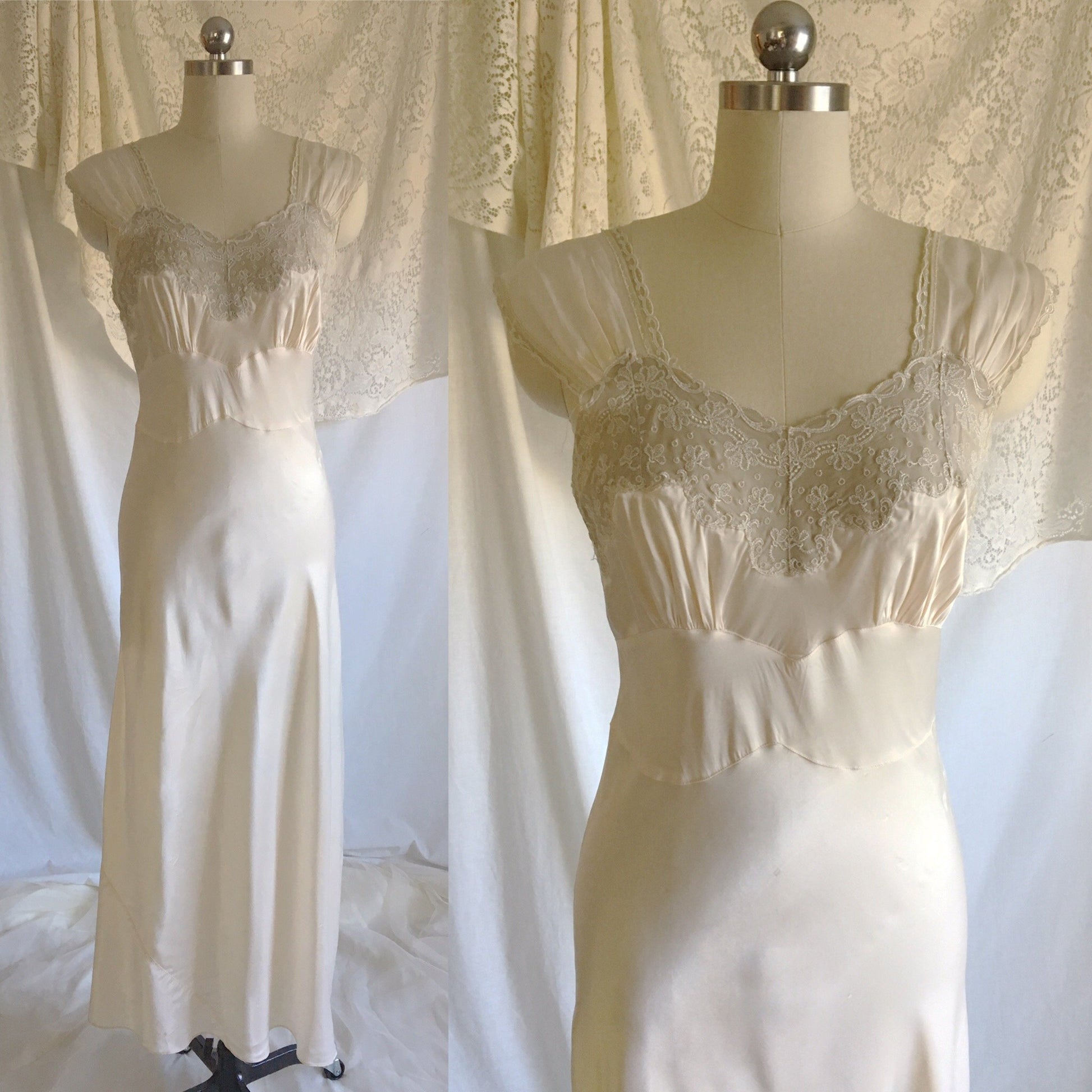 Vintage 1940's Nightgown | Buttercream White Rayon Satin with Embroidered Chiffon | Size S, MED - Daggers & Dames