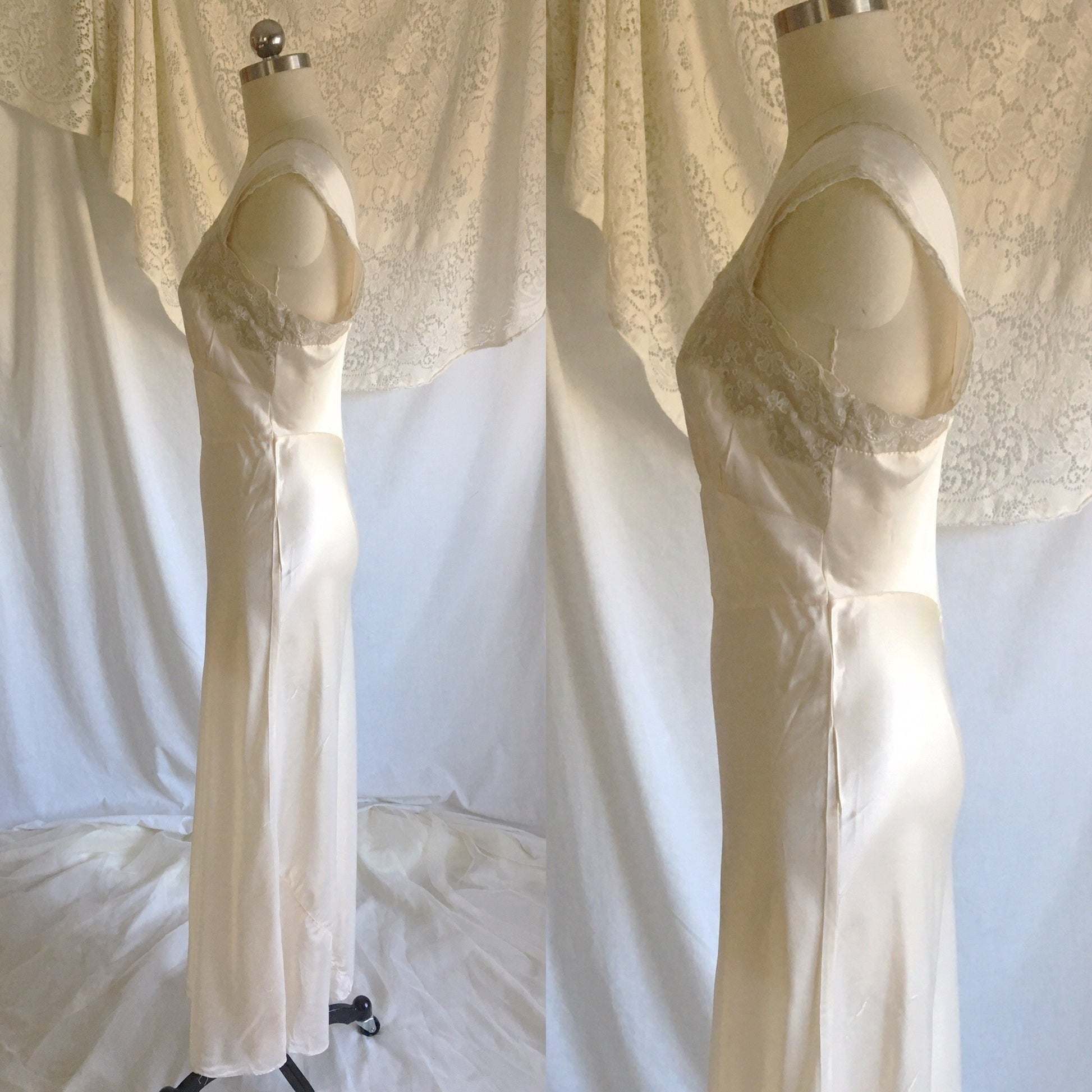 Vintage 1940's Nightgown | Buttercream White Rayon Satin with Embroidered Chiffon | Size S, MED - Daggers & Dames
