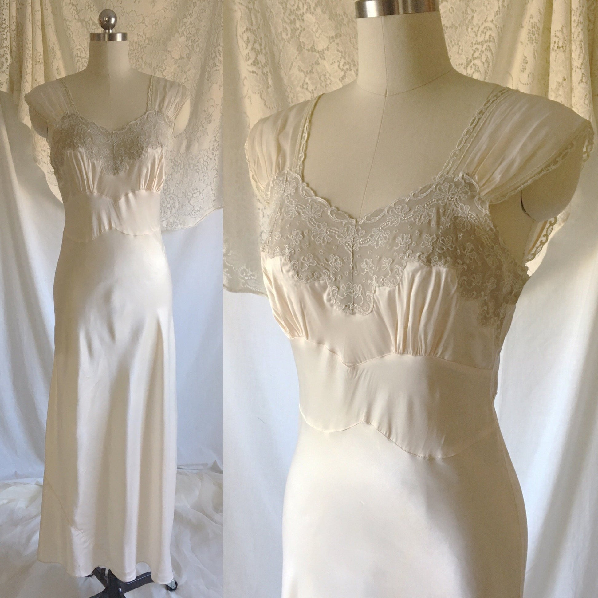 Vintage 1940's Nightgown | Buttercream White Rayon Satin with Embroidered Chiffon | Size S, MED - Daggers & Dames