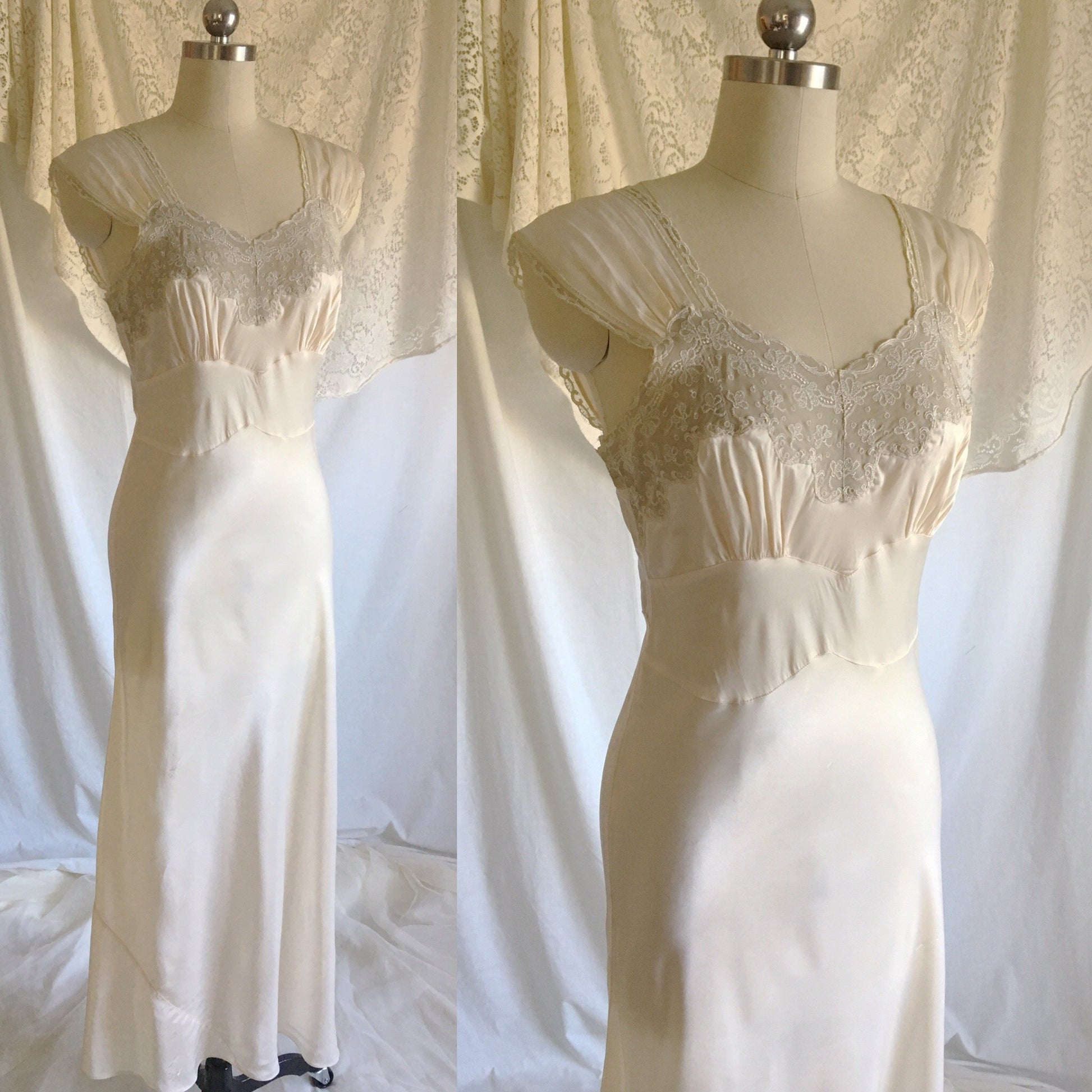 Vintage 1940's Nightgown | Buttercream White Rayon Satin with Embroidered Chiffon | Size S, MED - Daggers & Dames