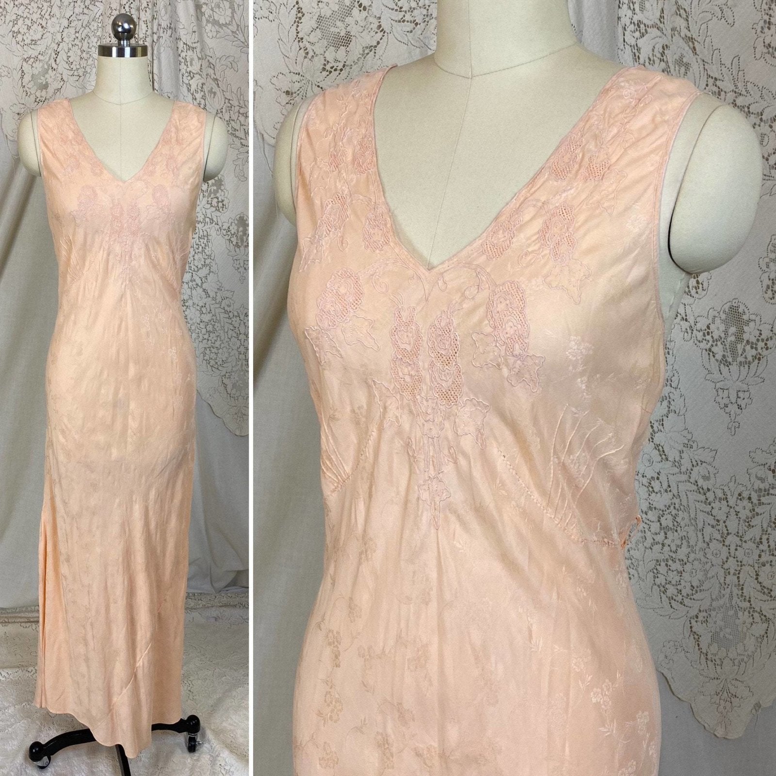 Vintage 1940's Nightgown | Creamy Peach Silk with Floral Satin Damask & Embroidery | Size M, LG - Daggers & Dames
