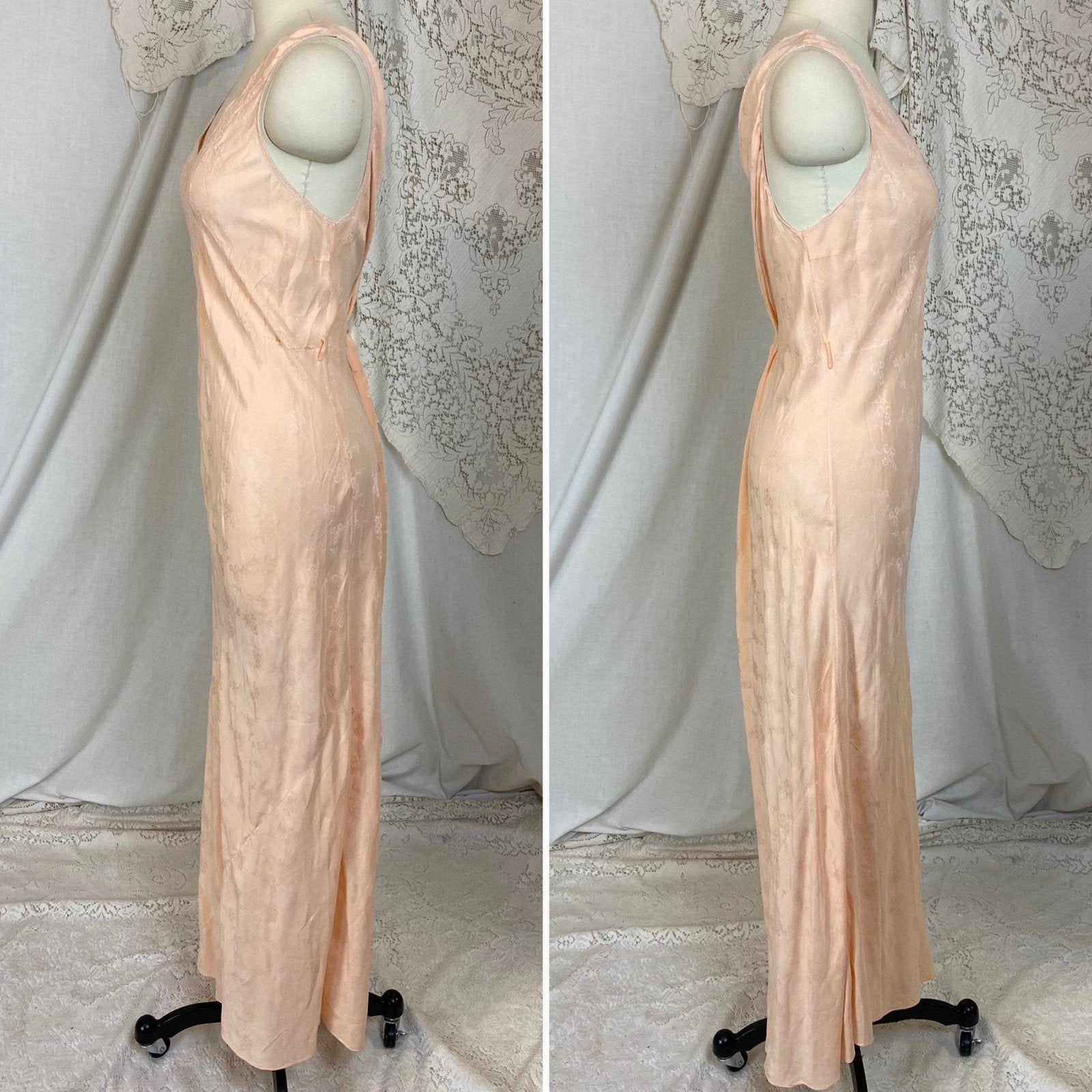 Vintage 1940's Nightgown | Creamy Peach Silk with Floral Satin Damask & Embroidery | Size M, LG - Daggers & Dames
