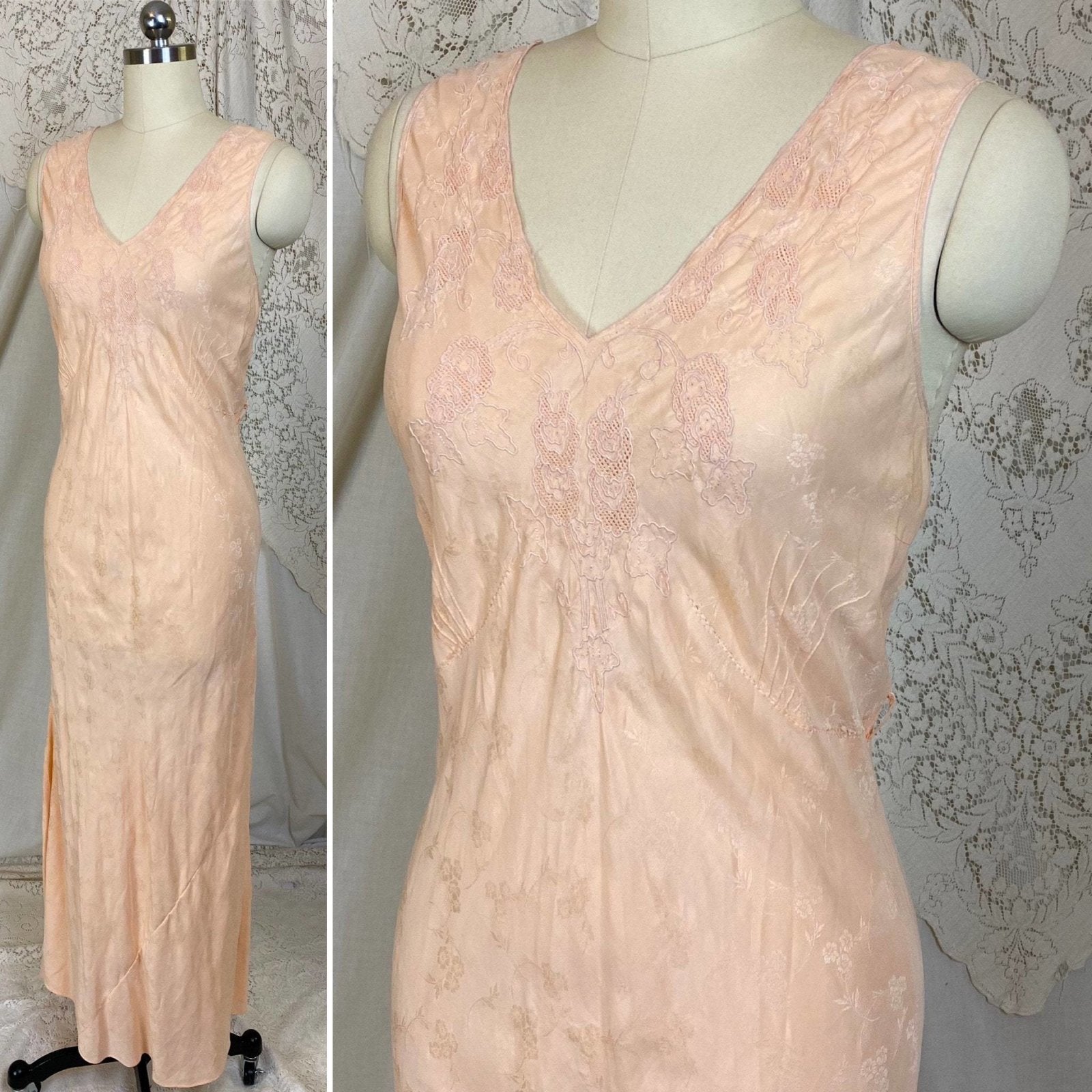 Vintage 1940's Nightgown | Creamy Peach Silk with Floral Satin Damask & Embroidery | Size M, LG - Daggers & Dames