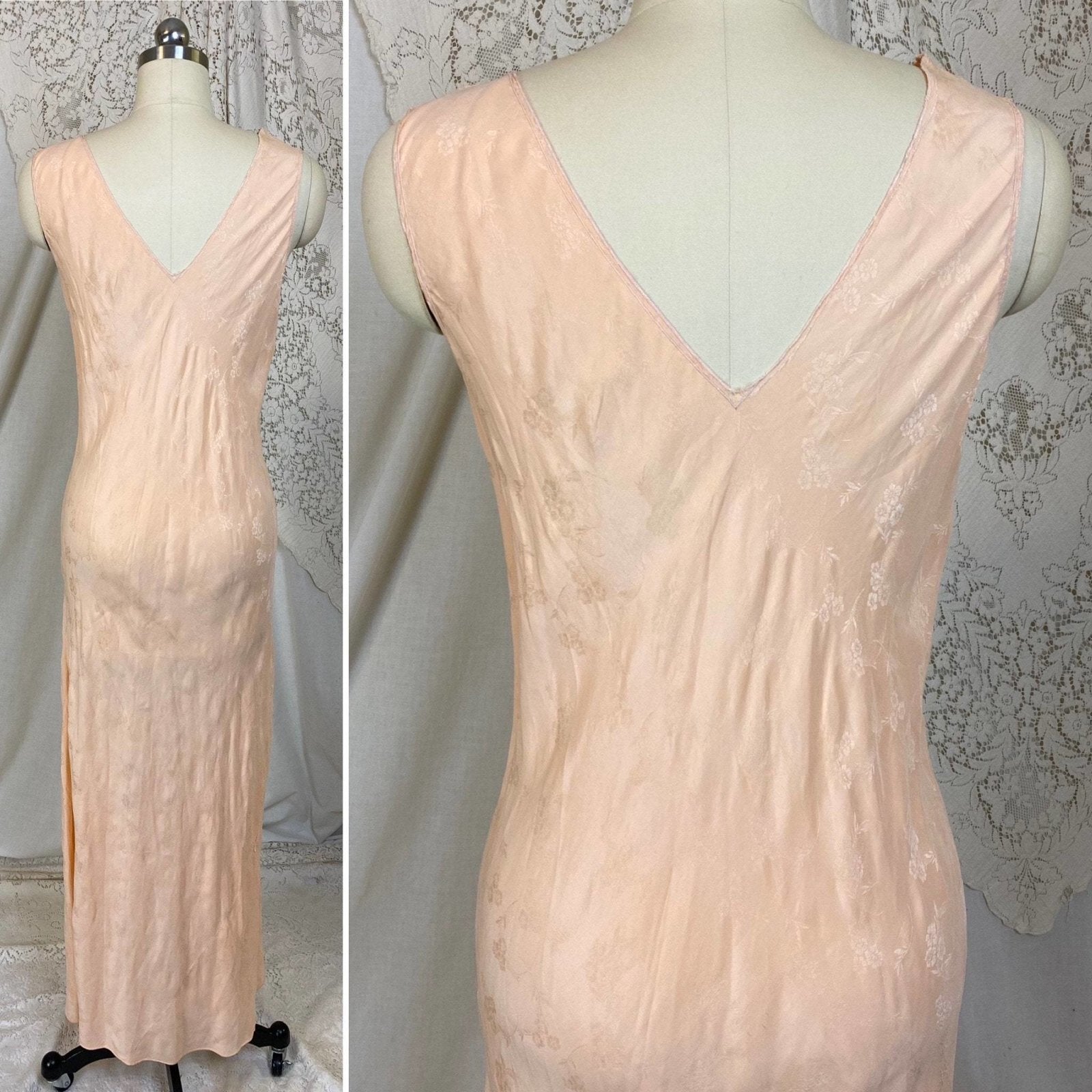 Vintage 1940's Nightgown | Creamy Peach Silk with Floral Satin Damask & Embroidery | Size M, LG - Daggers & Dames