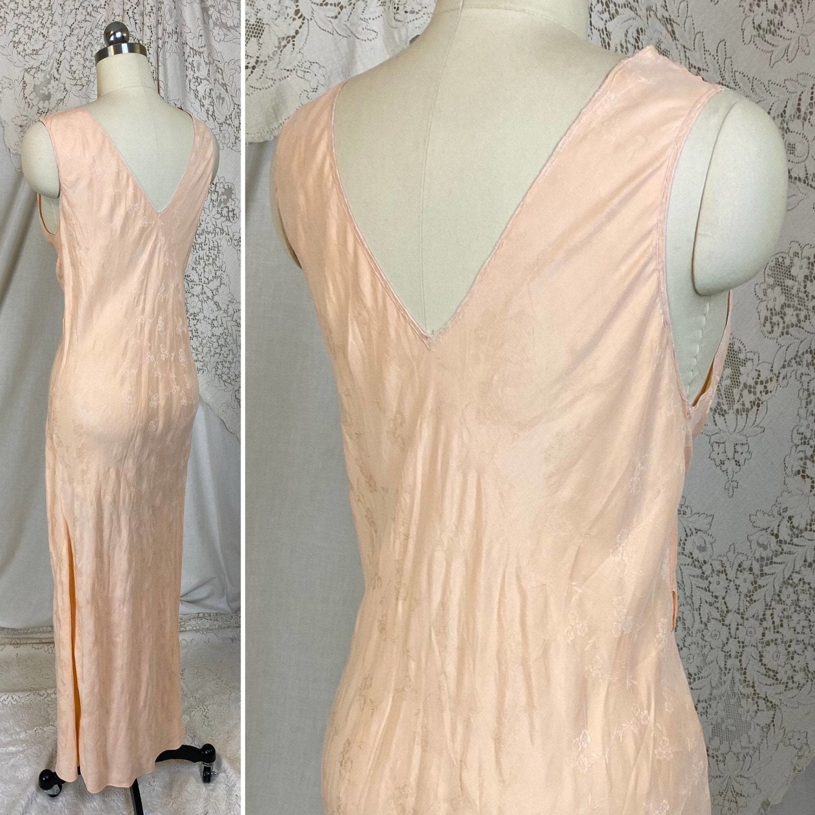 Vintage 1940's Nightgown | Creamy Peach Silk with Floral Satin Damask & Embroidery | Size M, LG - Daggers & Dames