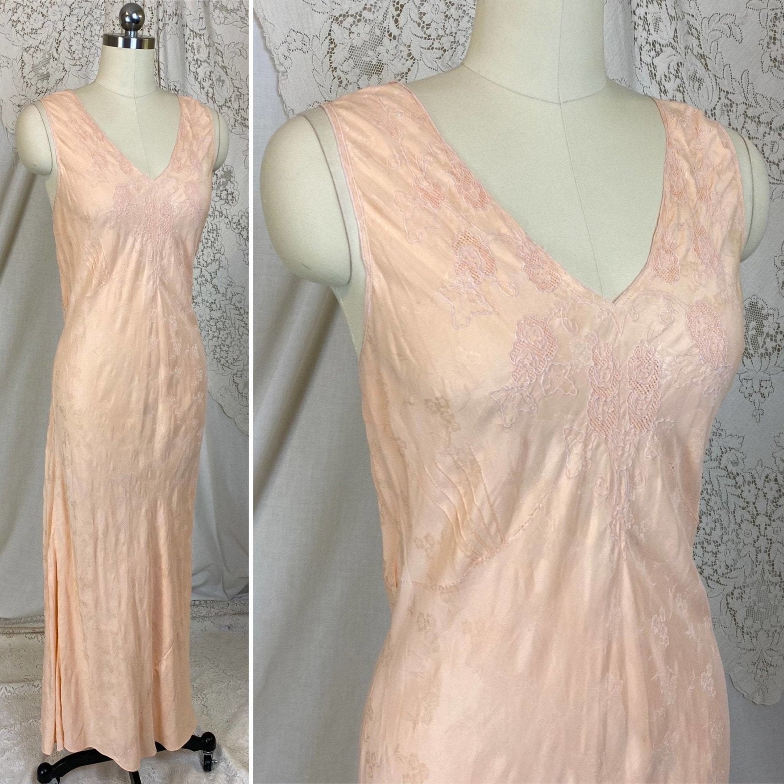 Vintage 1940's Nightgown | Creamy Peach Silk with Floral Satin Damask & Embroidery | Size M, LG - Daggers & Dames
