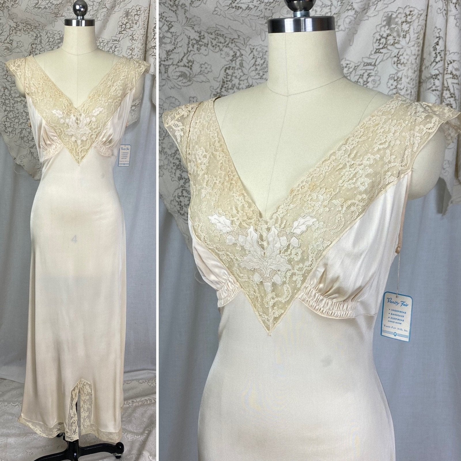 Vintage 1940's Nightgown | Creamy Tan Rayon Jersey Knit with Satin Acorn Appliques & Lace | Size S, M, LG | Vanity Fair New with Tags - Daggers & Dames