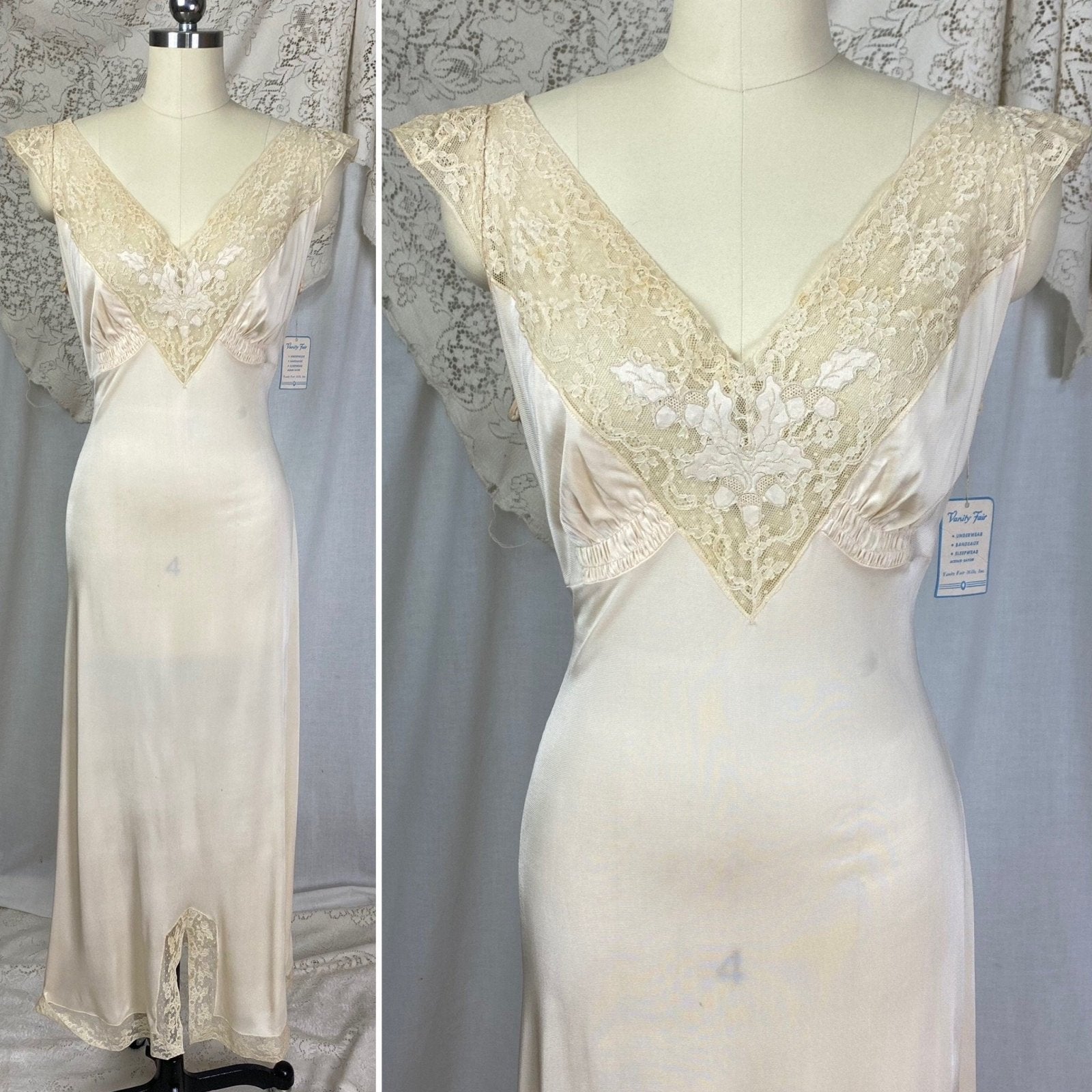 Vintage 1940's Nightgown | Creamy Tan Rayon Jersey Knit with Satin Acorn Appliques & Lace | Size S, M, LG | Vanity Fair New with Tags - Daggers & Dames