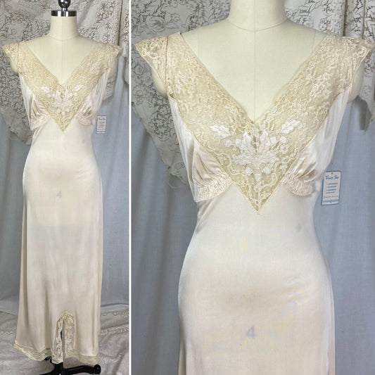 Vintage 1940's Nightgown | Creamy Tan Rayon Jersey Knit with Satin Acorn Appliques & Lace | Size S, M, LG | Vanity Fair New with Tags - Daggers & Dames