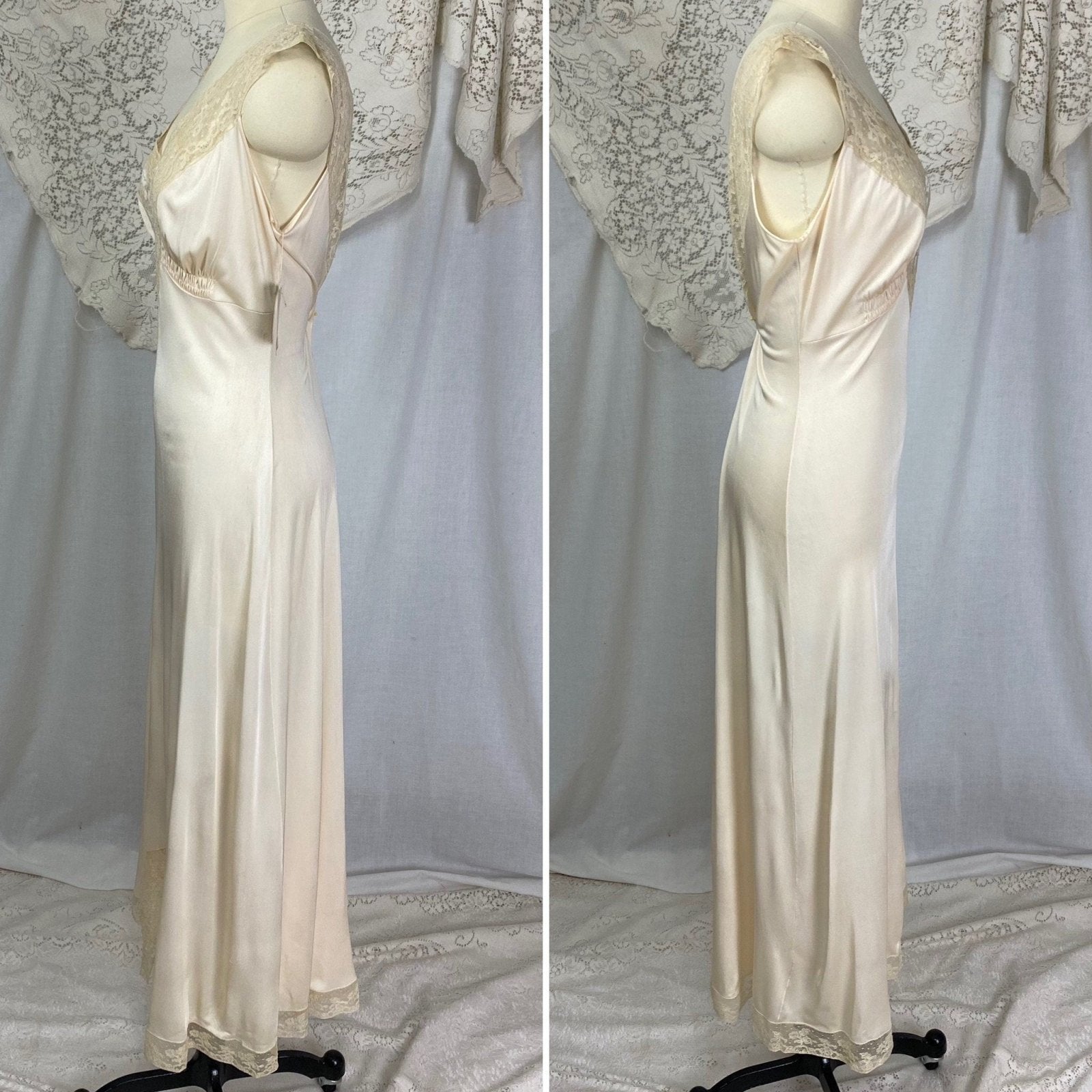 Vintage 1940's Nightgown | Creamy Tan Rayon Jersey Knit with Satin Acorn Appliques & Lace | Size S, M, LG | Vanity Fair New with Tags - Daggers & Dames