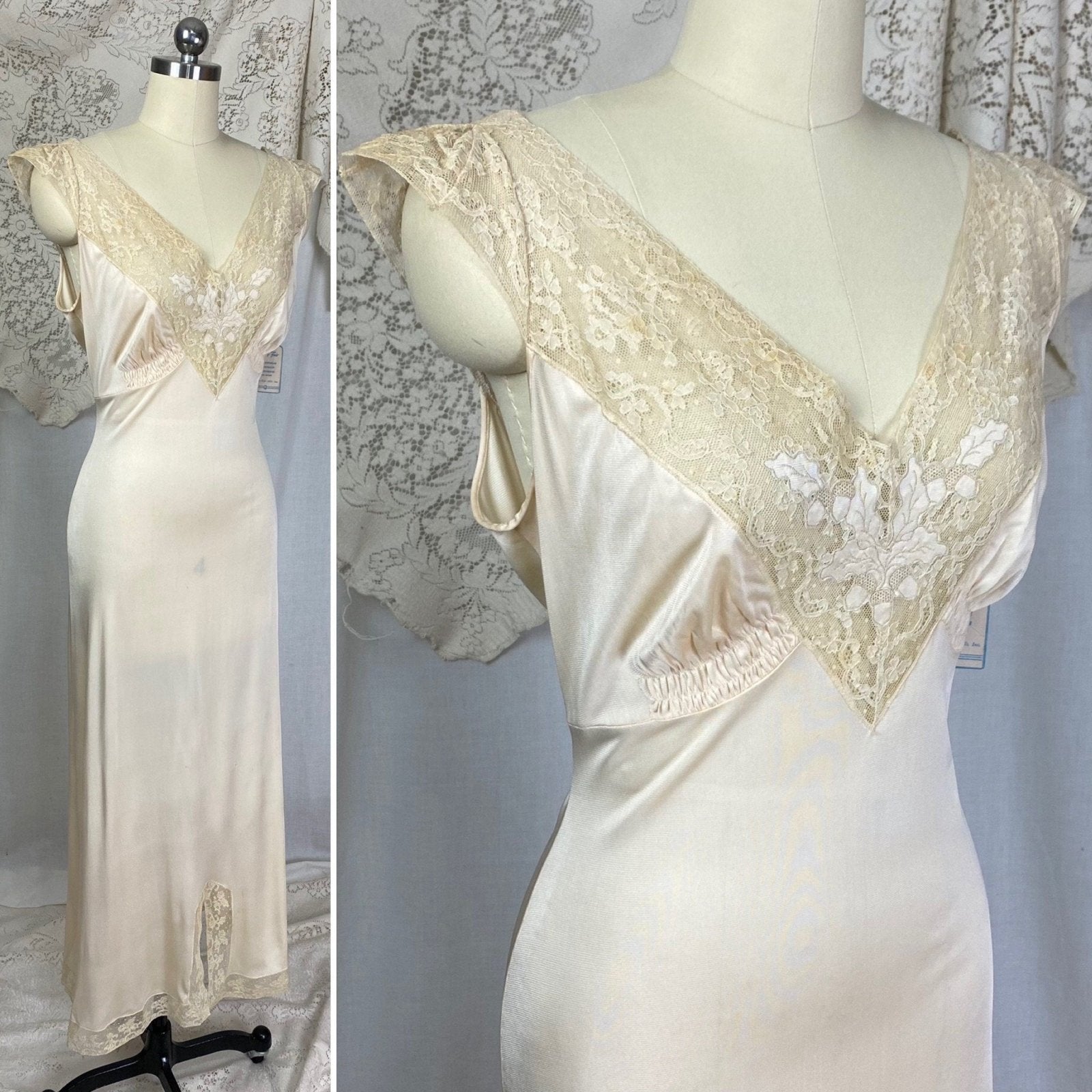 Vintage 1940's Nightgown | Creamy Tan Rayon Jersey Knit with Satin Acorn Appliques & Lace | Size S, M, LG | Vanity Fair New with Tags - Daggers & Dames