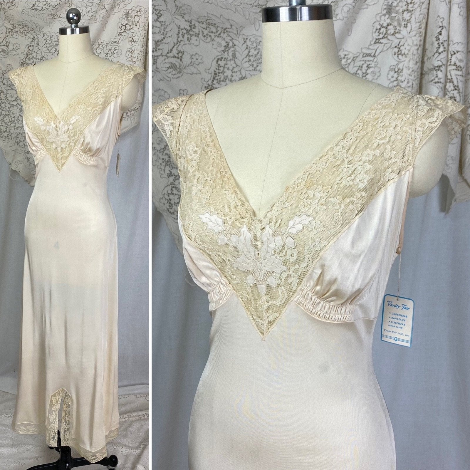 Vintage 1940's Nightgown | Creamy Tan Rayon Jersey Knit with Satin Acorn Appliques & Lace | Size S, M, LG | Vanity Fair New with Tags - Daggers & Dames