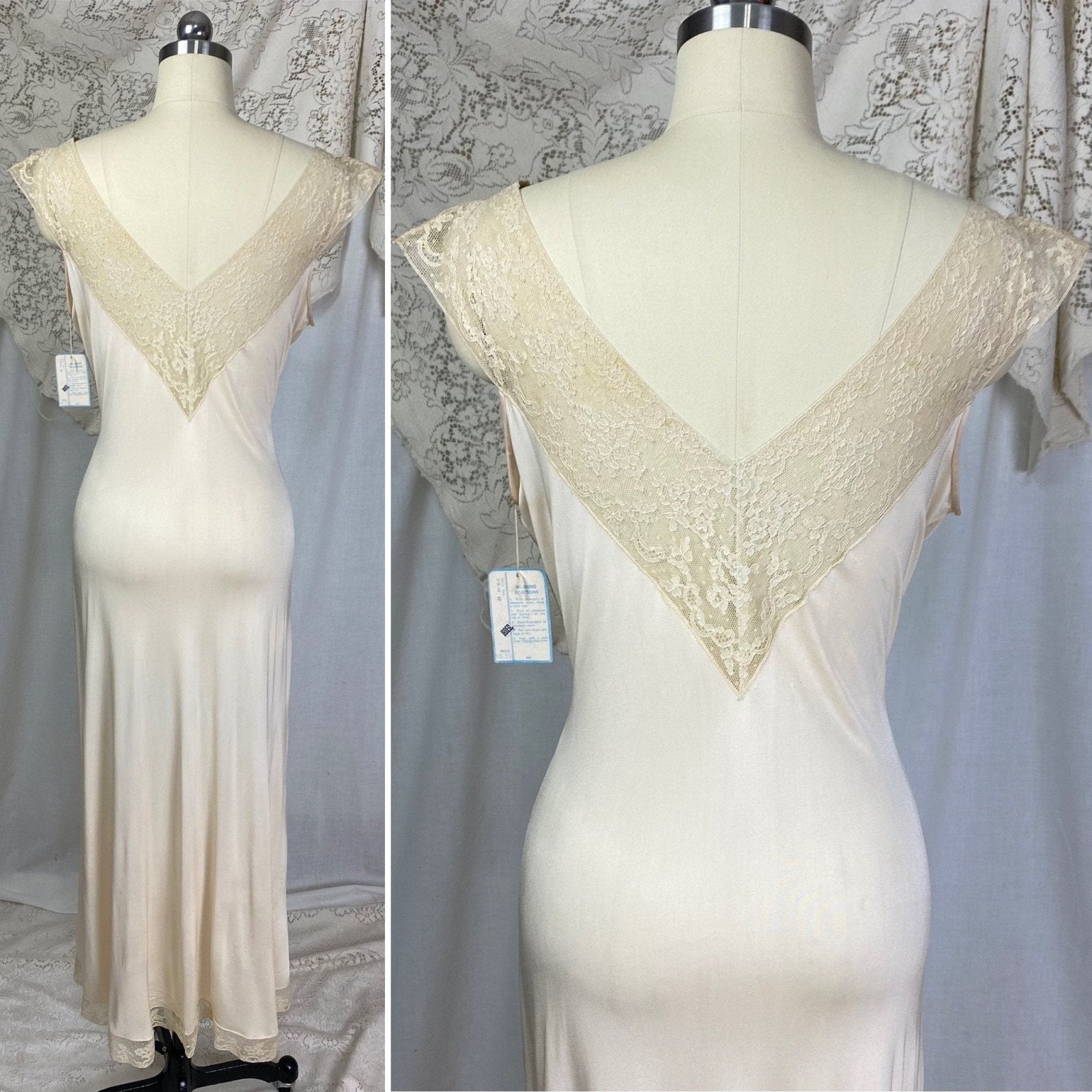 Vintage 1940's Nightgown | Creamy Tan Rayon Jersey Knit with Satin Acorn Appliques & Lace | Size S, M, LG | Vanity Fair New with Tags - Daggers & Dames