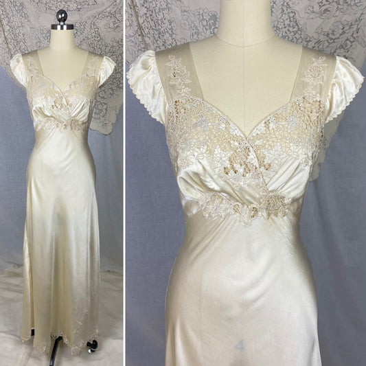 Vintage 1940's Nightgown | Hand Stitched Warm Ivory Silk Charmeuse with Floral Appliqué & Spiderweb Lace | Size 34-36 Bust, S | OOAK - Daggers & Dames