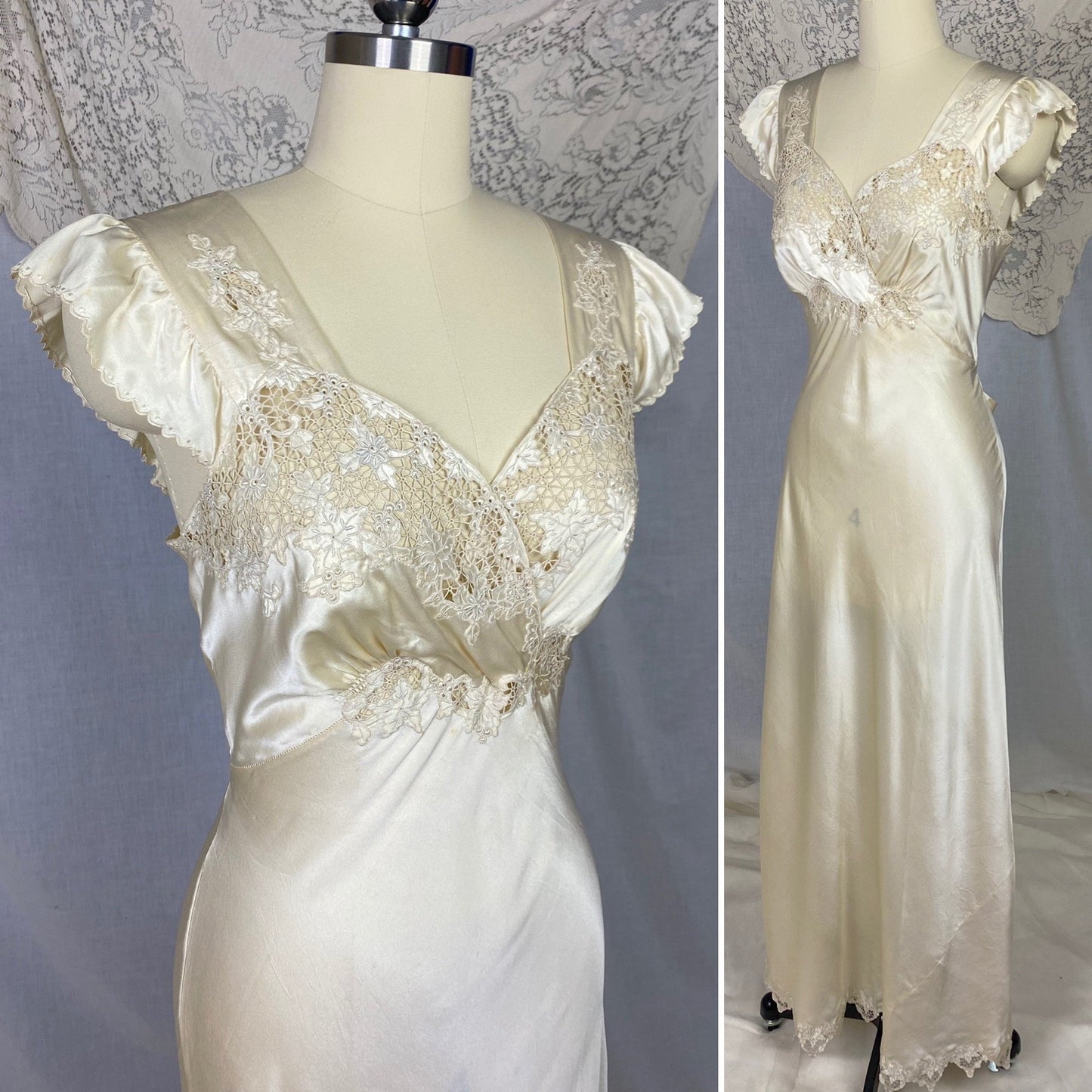 Vintage 1940's Nightgown | Hand Stitched Warm Ivory Silk Charmeuse with Floral Appliqué & Spiderweb Lace | Size 34-36 Bust, S | OOAK - Daggers & Dames