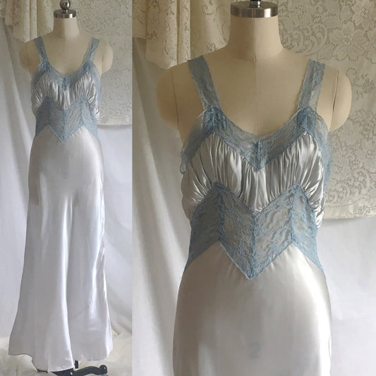Vintage 1940's Nightgown | Icy Blue Acetate Satin with Lace Bodice | Size XS - Daggers & Dames
