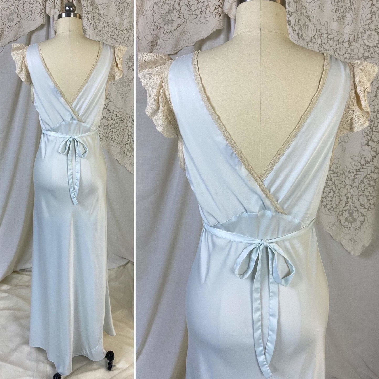 Vintage 1940's Nightgown | Icy Blue Rayon Satin with Nude Floral Lace Appliqué | Size XS, S | Wonder Maid - Daggers & Dames