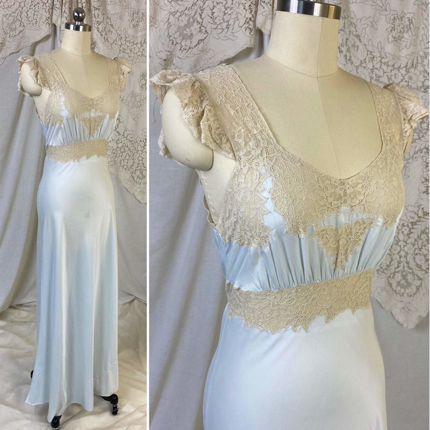 Vintage 1940's Nightgown | Icy Blue Rayon Satin with Nude Floral Lace Appliqué | Size XS, S | Wonder Maid - Daggers & Dames