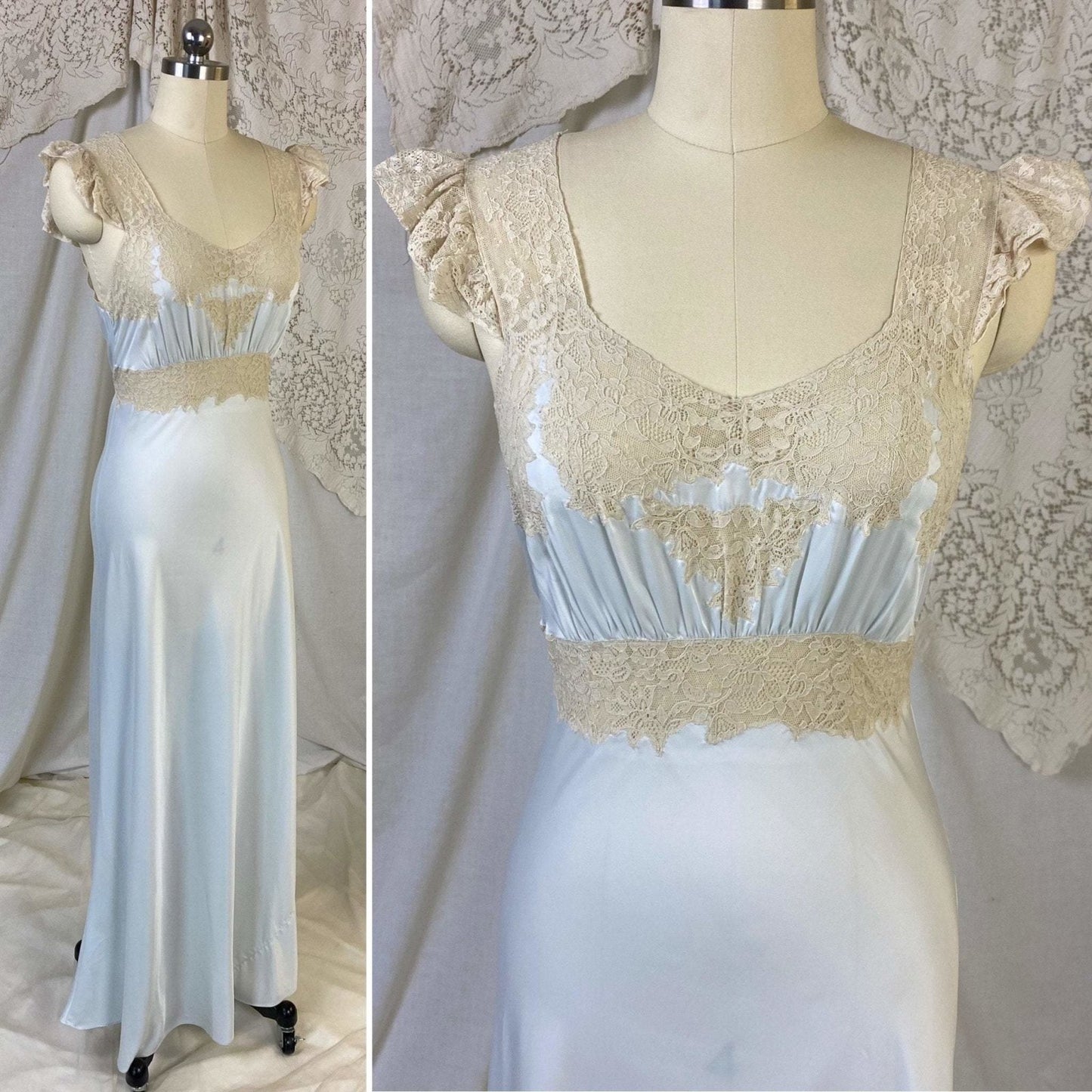 Vintage 1940's Nightgown | Icy Blue Rayon Satin with Nude Floral Lace Appliqué | Size XS, S | Wonder Maid - Daggers & Dames
