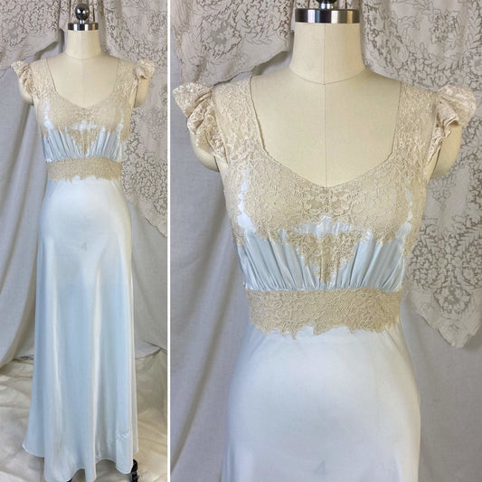 Vintage 1940's Nightgown | Icy Blue Rayon Satin with Nude Floral Lace Appliqué | Size XS, S | Wonder Maid - Daggers & Dames