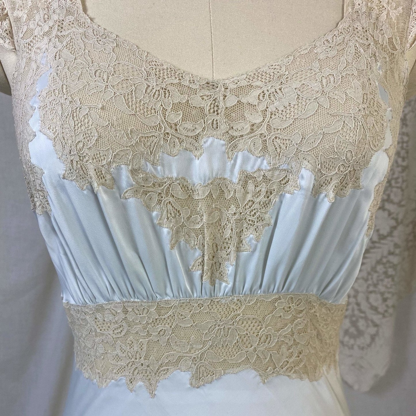 Vintage 1940's Nightgown | Icy Blue Rayon Satin with Nude Floral Lace Appliqué | Size XS, S | Wonder Maid - Daggers & Dames