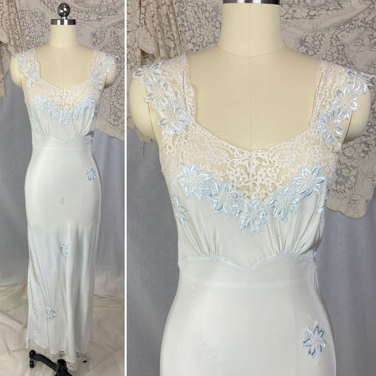 Vintage 1940's Nightgown | Icy Blue Rayon with White Lace & Embroidered Floral Appliqués | Size XS | Carillon - Daggers & Dames