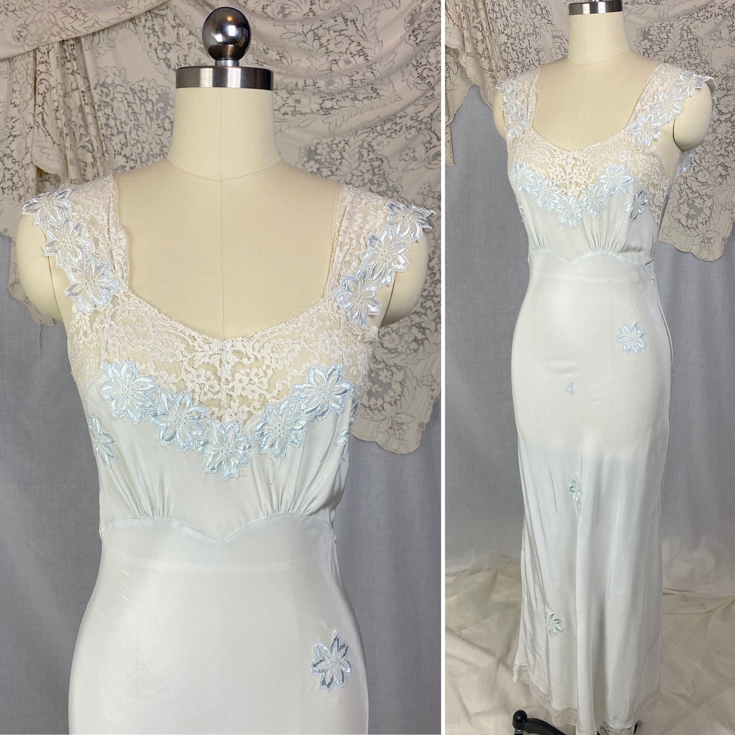 Vintage 1940's Nightgown | Icy Blue Rayon with White Lace & Embroidered Floral Appliqués | Size XS | Carillon - Daggers & Dames