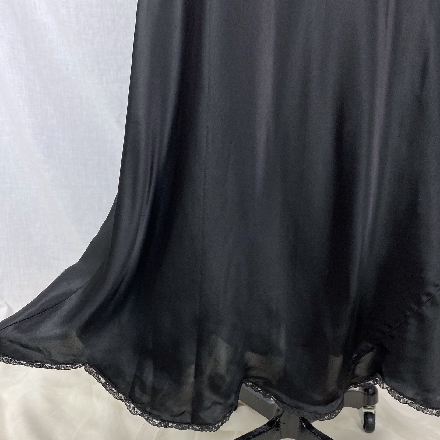 Vintage 1940's Nightgown | Inky Black Rayon Satin with Ruffled Lace & Scalloped Hem | Size M, LG | Lady Leonora - Daggers & Dames