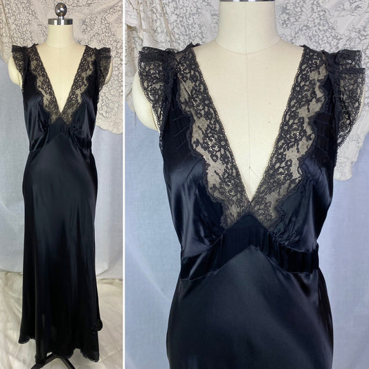 Vintage 1940's Nightgown | Inky Black Rayon Satin with Ruffled Lace & Scalloped Hem | Size M, LG | Lady Leonora - Daggers & Dames