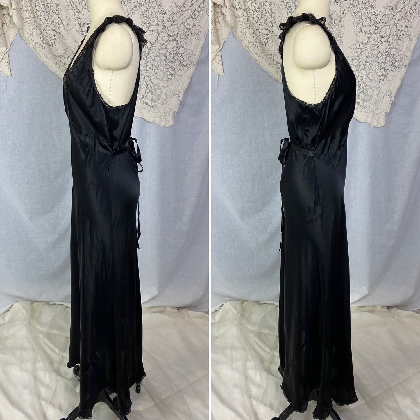 Vintage 1940's Nightgown | Inky Black Rayon Satin with Ruffled Lace & Scalloped Hem | Size M, LG | Lady Leonora - Daggers & Dames