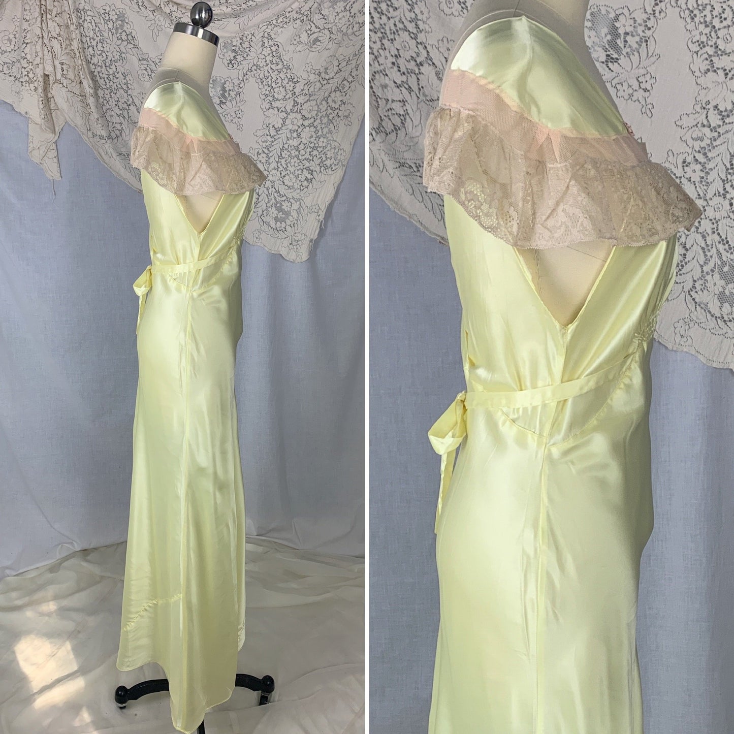 Vintage 1940's Nightgown | Lemonade Yellow Rayon Satin with Nude Lace & Pink Rosettes | Size M | Gracette -Never Worn - Daggers & Dames