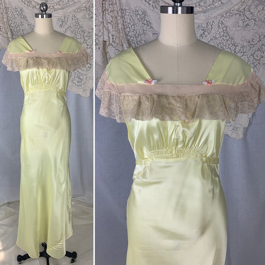Vintage 1940's Nightgown | Lemonade Yellow Rayon Satin with Nude Lace & Pink Rosettes | Size M | Gracette -Never Worn - Daggers & Dames
