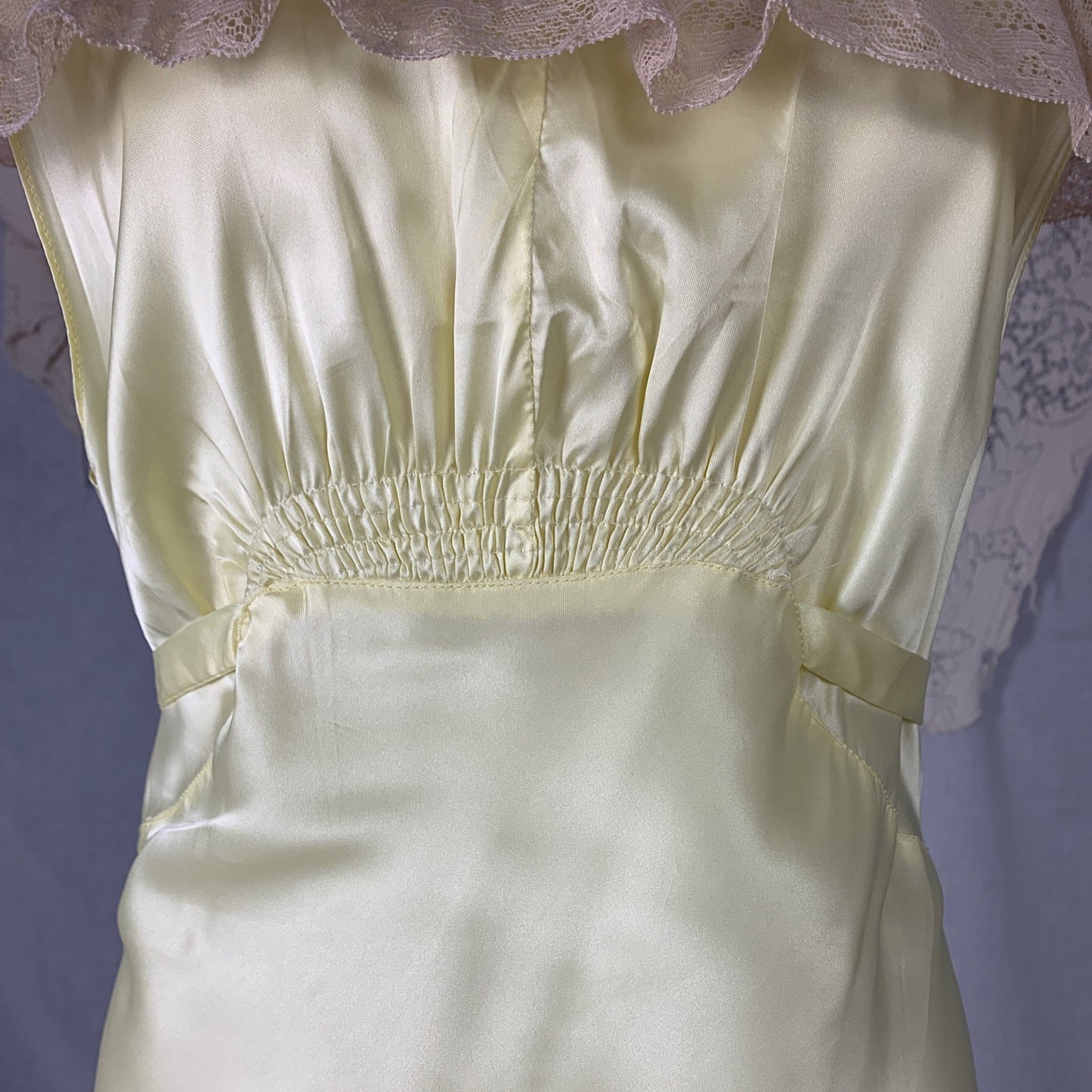 Vintage 1940's Nightgown | Lemonade Yellow Rayon Satin with Nude Lace & Pink Rosettes | Size M | Gracette -Never Worn - Daggers & Dames