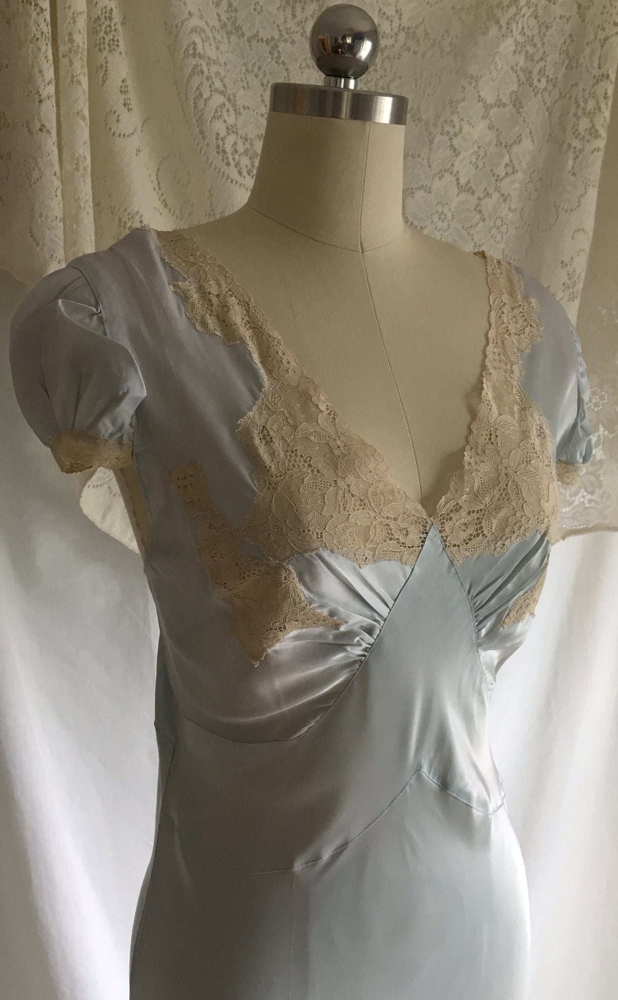 Vintage 1940's Nightgown | Light Baby Blue Rayon Satin with Ecru Lace & Bias Cut | New Old Stock | Size M - Daggers & Dames