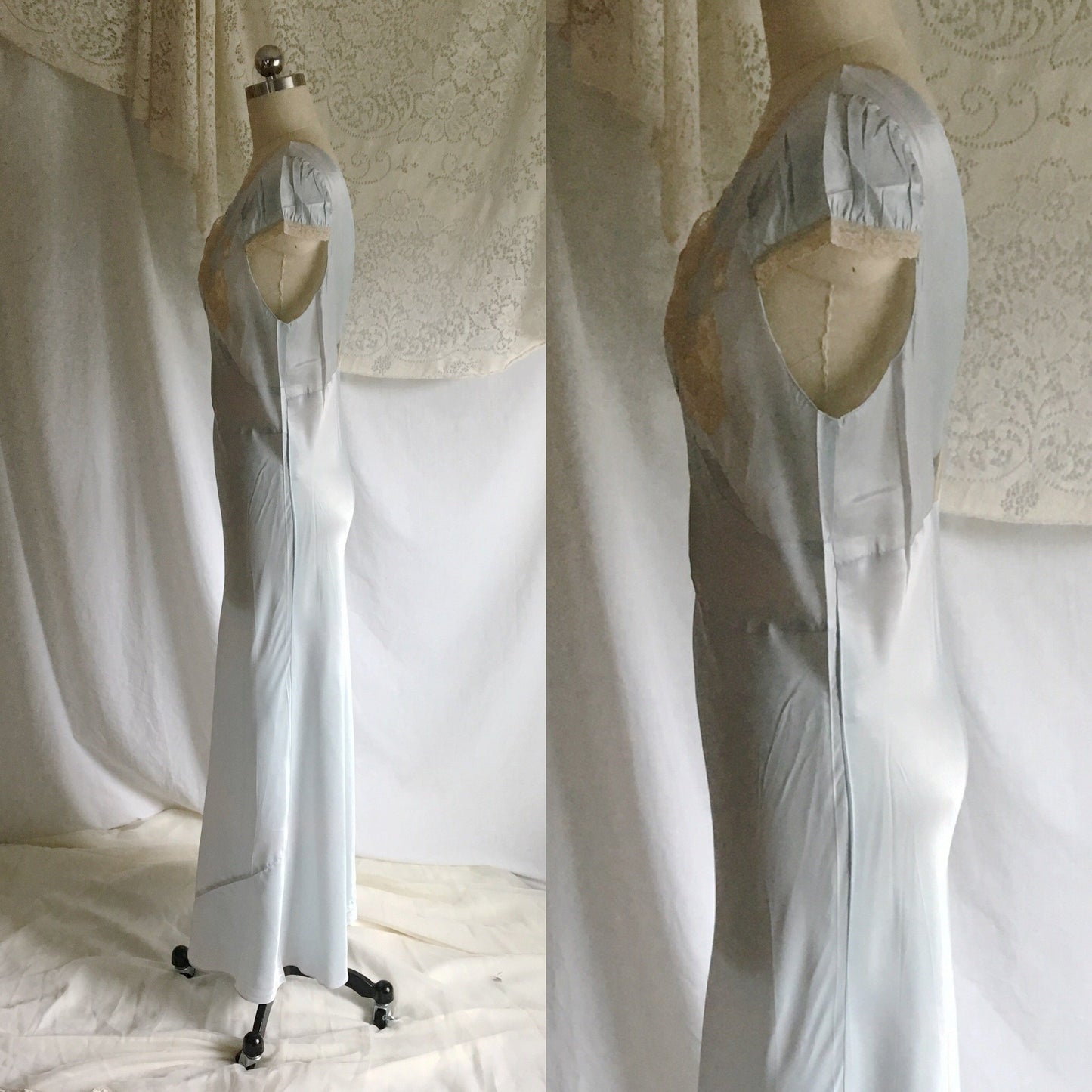 Vintage 1940's Nightgown | Light Baby Blue Rayon Satin with Ecru Lace & Bias Cut | New Old Stock | Size M - Daggers & Dames