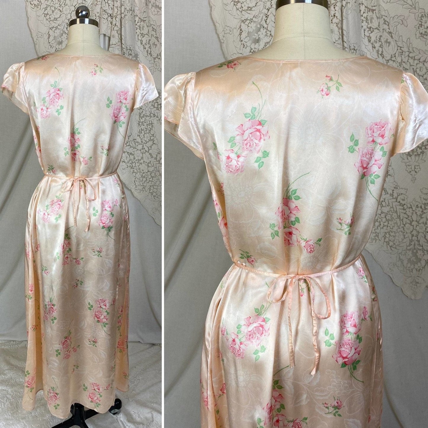 Vintage 1940's Nightgown | Light Peachy Pink Rayon Satin with Rose Floral Print | Size LG, XL - Daggers & Dames