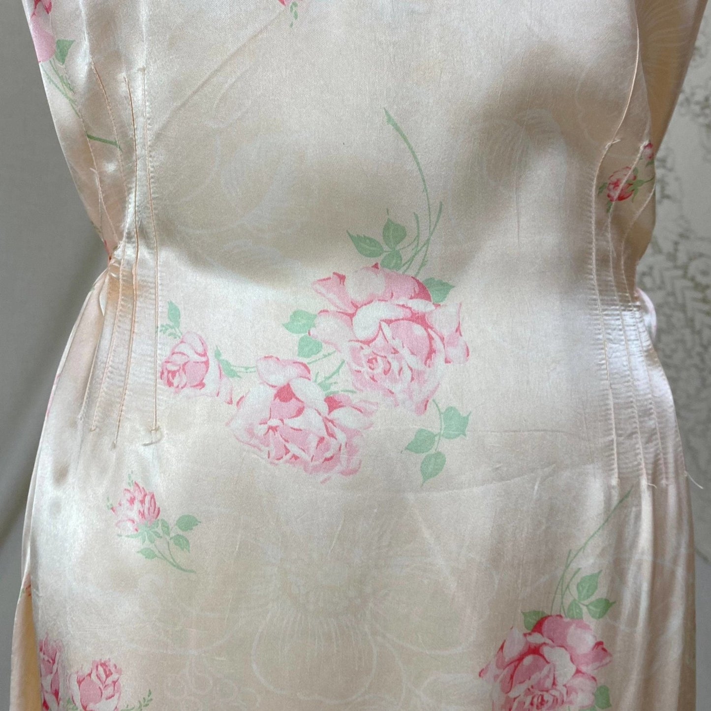 Vintage 1940's Nightgown | Light Peachy Pink Rayon Satin with Rose Floral Print | Size LG, XL - Daggers & Dames