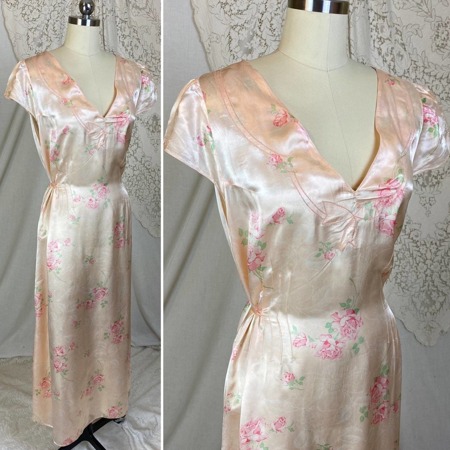 Vintage 1940's Nightgown | Light Peachy Pink Rayon Satin with Rose Floral Print | Size LG, XL - Daggers & Dames