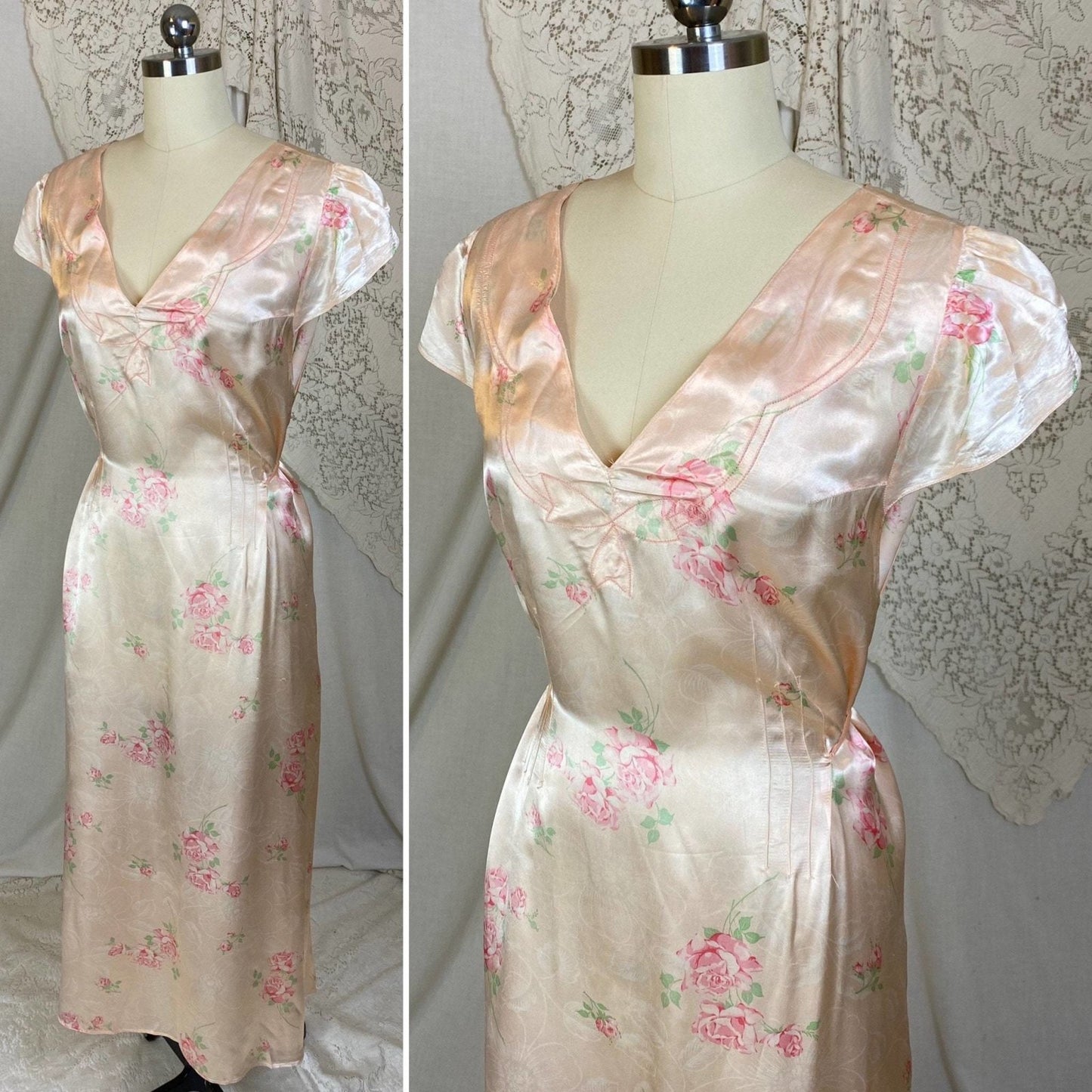 Vintage 1940's Nightgown | Light Peachy Pink Rayon Satin with Rose Floral Print | Size LG, XL - Daggers & Dames