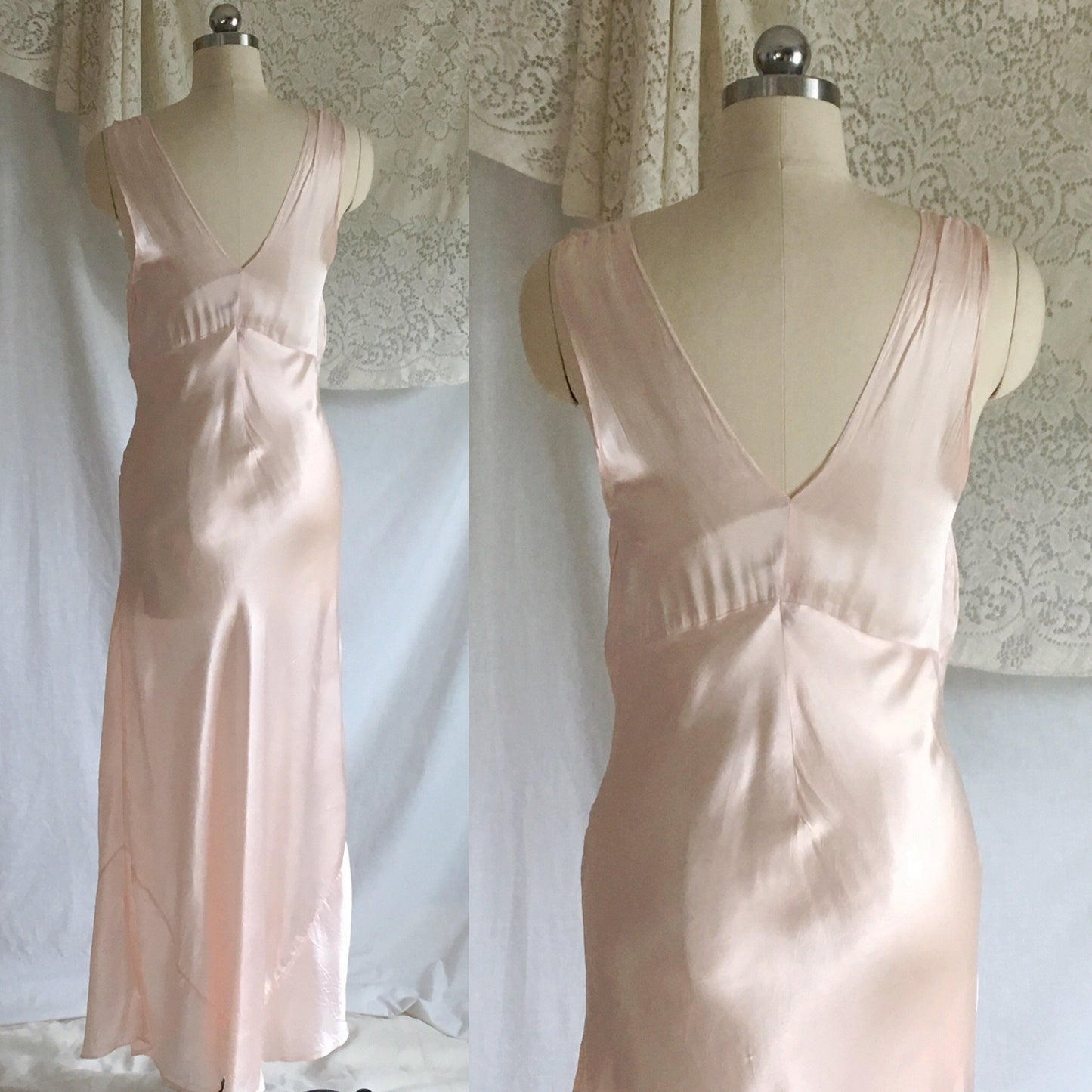 Vintage 1940's Nightgown | Light Pink Rayon Satin with Bias Cut and Lace | Artemis | Size S - Daggers & Dames