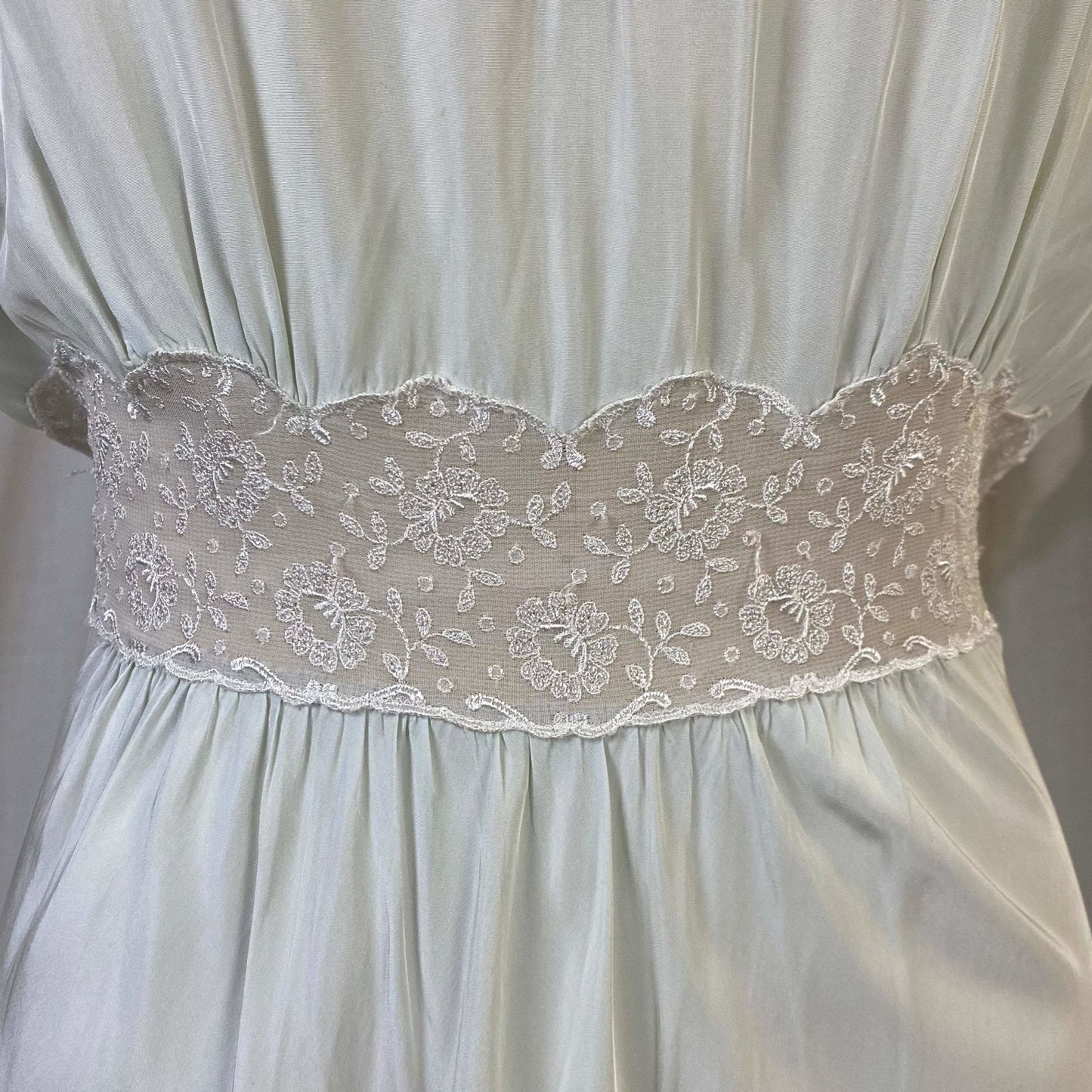 Vintage 1940's Nightgown | Pale Mint Green Rayon Crepe with Bone White Embroidered Chiffon | Size M, LG | Lady Leonora, Gown of the Month - Daggers & Dames