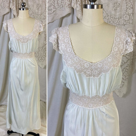 Vintage 1940's Nightgown | Pale Mint Green Rayon Crepe with Bone White Embroidered Chiffon | Size M, LG | Lady Leonora, Gown of the Month - Daggers & Dames