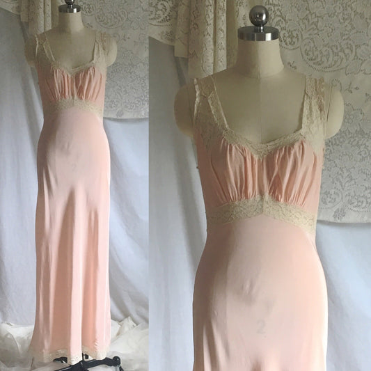 Vintage 1940's Nightgown | Pale Pink Rayon with Lace & Bias Cut | Size S, M - Daggers & Dames