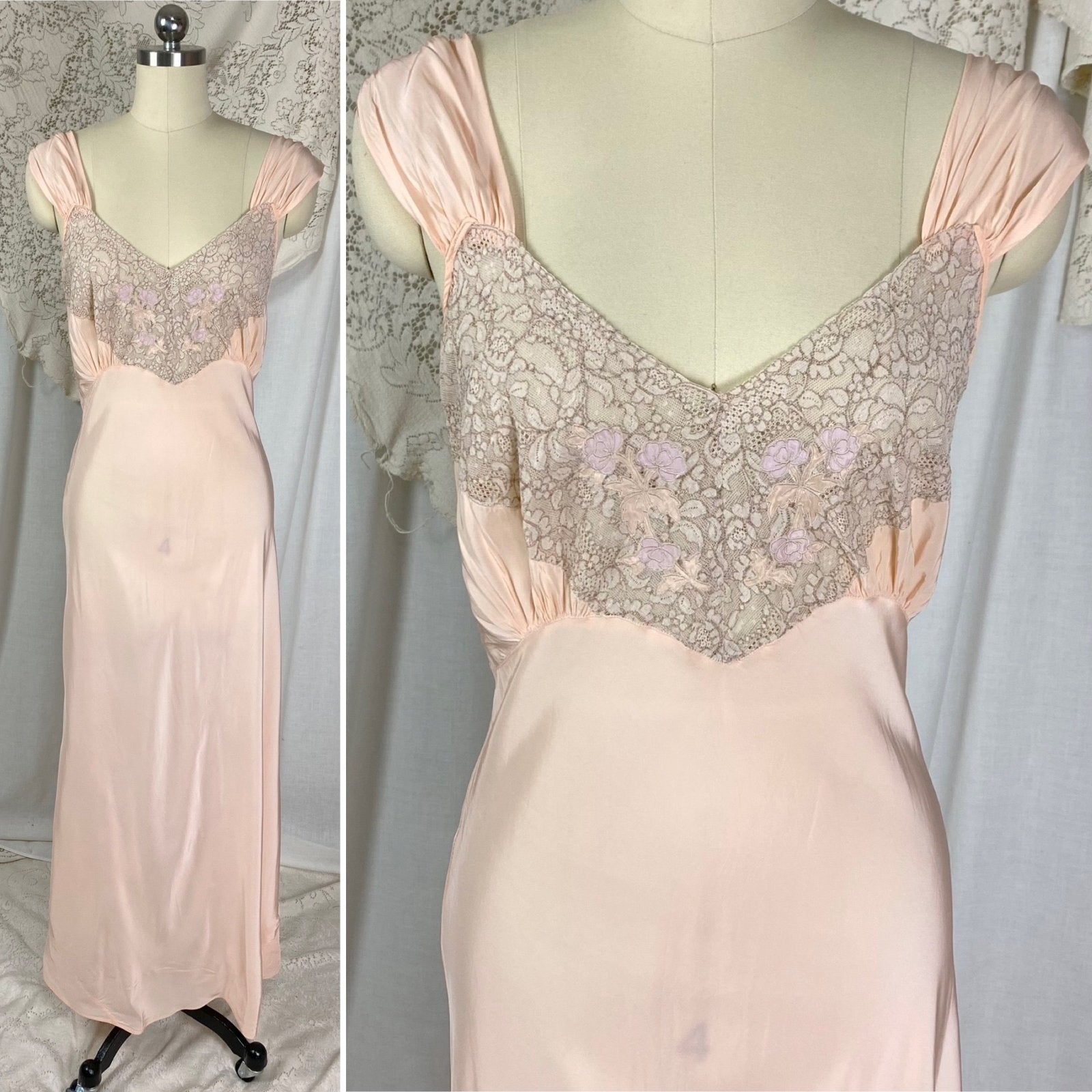 Vintage 1940’s Nightgown | Pale Pink Rayon with Lace | Size S, M | Laura Lane - Daggers & Dames