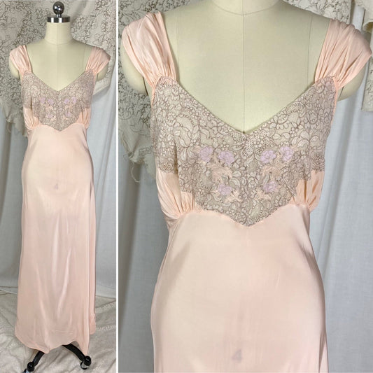 Vintage 1940’s Nightgown | Pale Pink Rayon with Lace | Size S, M | Laura Lane - Daggers & Dames