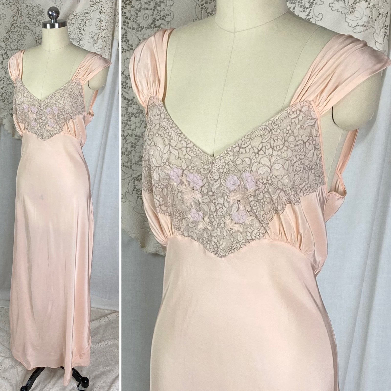Vintage 1940’s Nightgown | Pale Pink Rayon with Lace | Size S, M | Laura Lane - Daggers & Dames