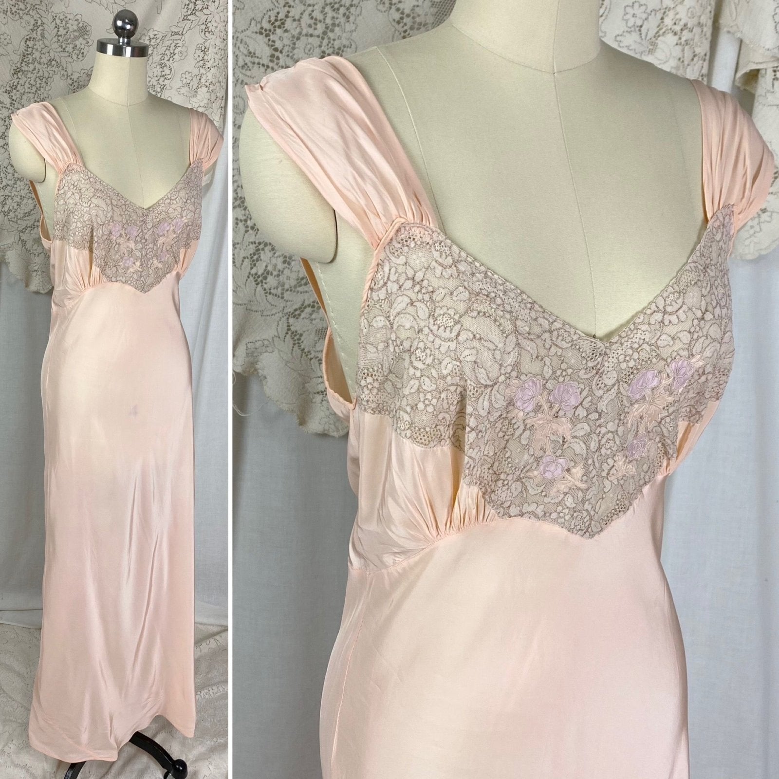Vintage 1940’s Nightgown | Pale Pink Rayon with Lace | Size S, M | Laura Lane - Daggers & Dames
