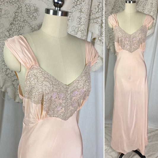 Vintage 1940’s Nightgown | Pale Pink Rayon with Lace | Size S, M | Laura Lane - Daggers & Dames