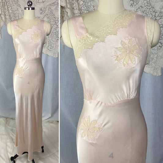 Vintage 1940's Nightgown | Pale Powder Pink Rayon Satin with Lace Floral Inserts & Faux Off Shoulder | Size XS, S | D'Amato - Daggers & Dames